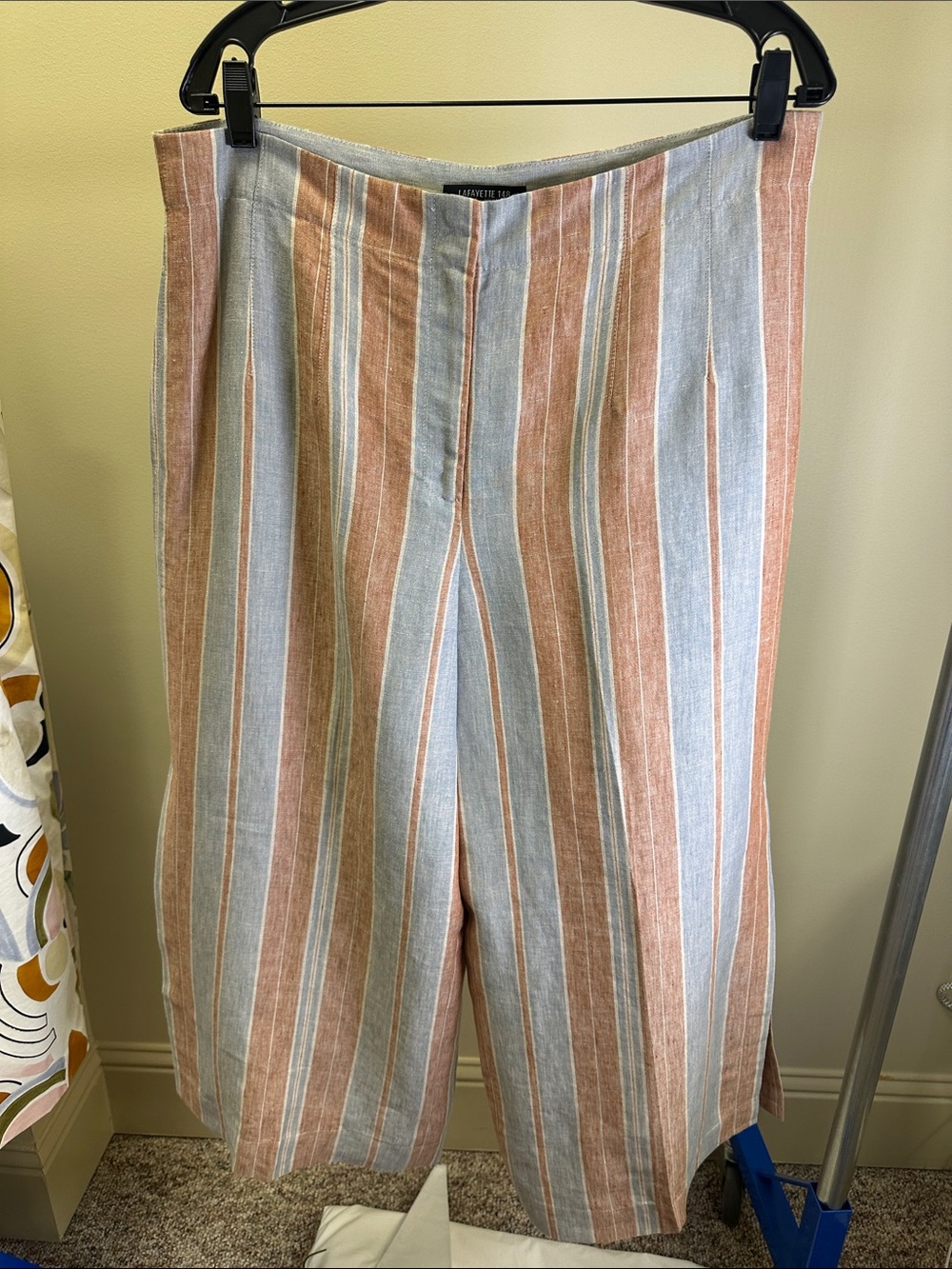 Lafayette 148 New York Striped Wide-Leg Linen Pants in Blue and Tan